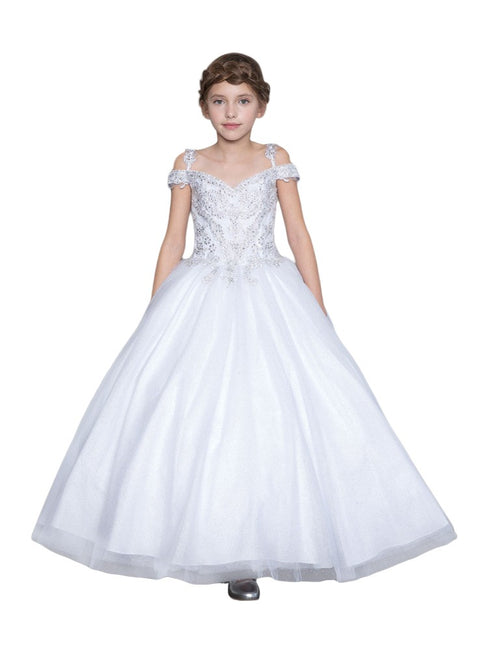 Big Girls White Rhinestone Glitter Tulle Pageant Ball Dress 8-16 - SophiasStyle.com